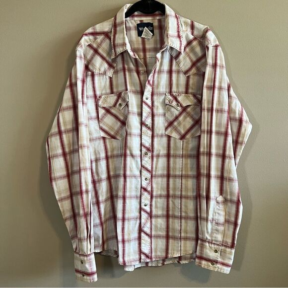 Wrangler Other - ✨ Wrangler Men’s White Maroon Plaid Pearl Snap Button Down Shirt Large